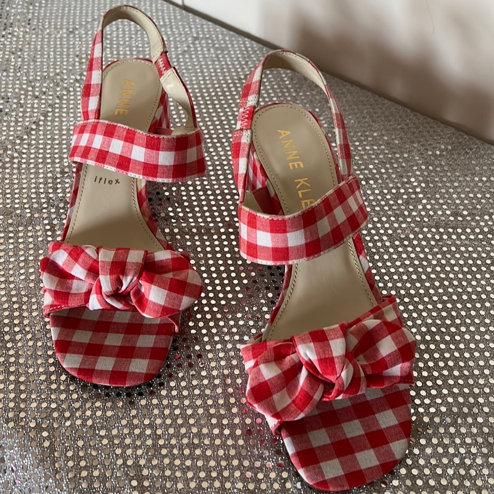 Anne Klein Red and White Checkered Sandals - Picture 2 of 15
